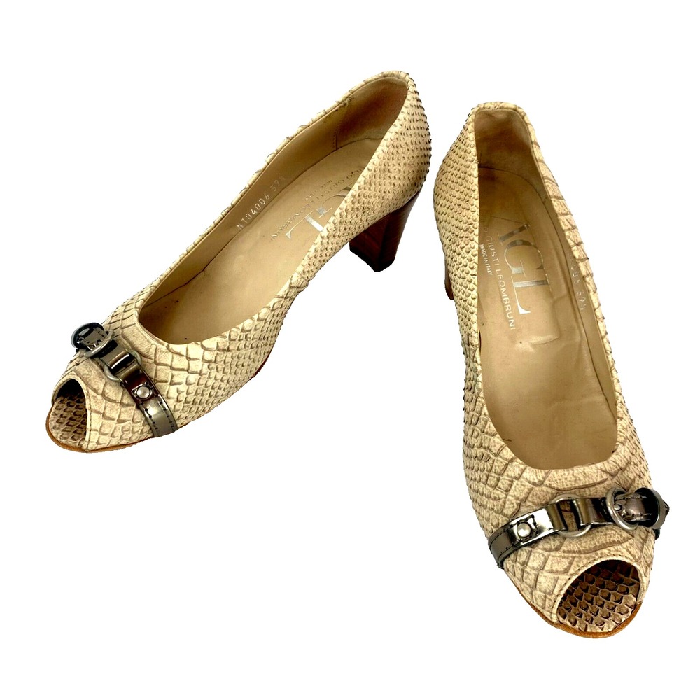 AGL Luxury Pumps Heels Women's 9 M Embossed Open Toe Beige 39.5 Shoes $385 Orig.
